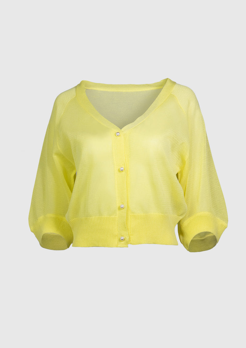 V-Neck Sheer Cardigan with Pearl Buttons in Yellow