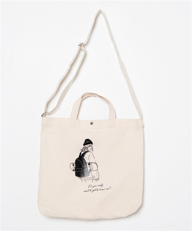 SKATERGIRL 2-Way Canvas Illustration Print Tote in Off White