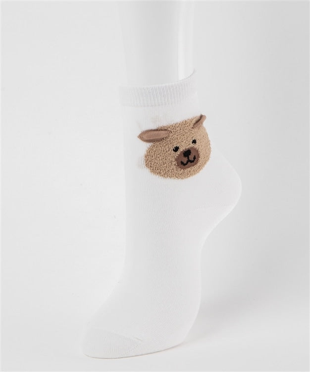 Short Socks with Textured Animal Motif in White x Bear