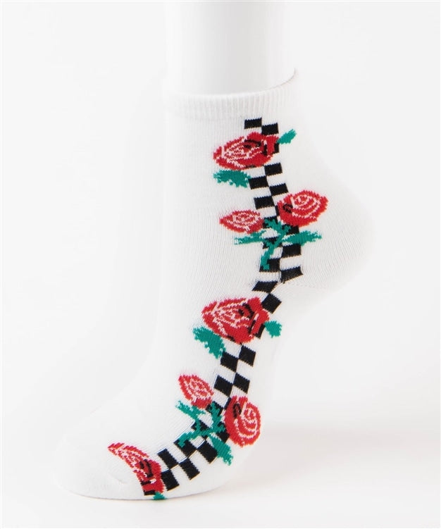 Rose x Check Patterned Short Socks in White Multi