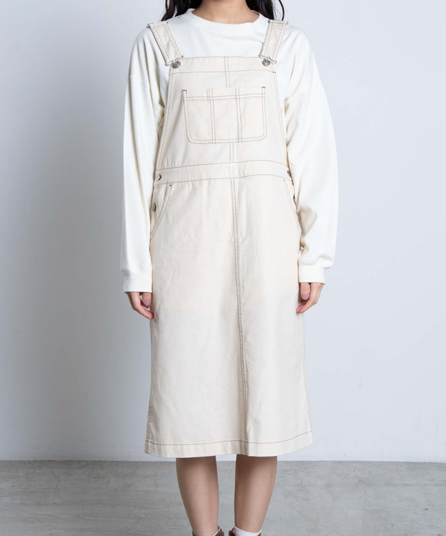 Contrast Stitch Denim Midi Jumper Skirt in Ivory