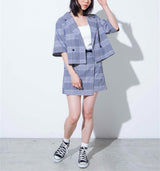 Boxy Cropped Double-Breasted Jacket with Short Sleeves in Black Check