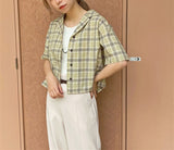 Short-Sleeved Boxy Cropped Shirt in Brown Check