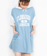Colour-Block Jersey-Style Mini Tee Dress with Hood in Blue