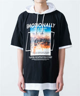 EMOTIONALLY Graphic Print Layered-Style Hoodie in Black