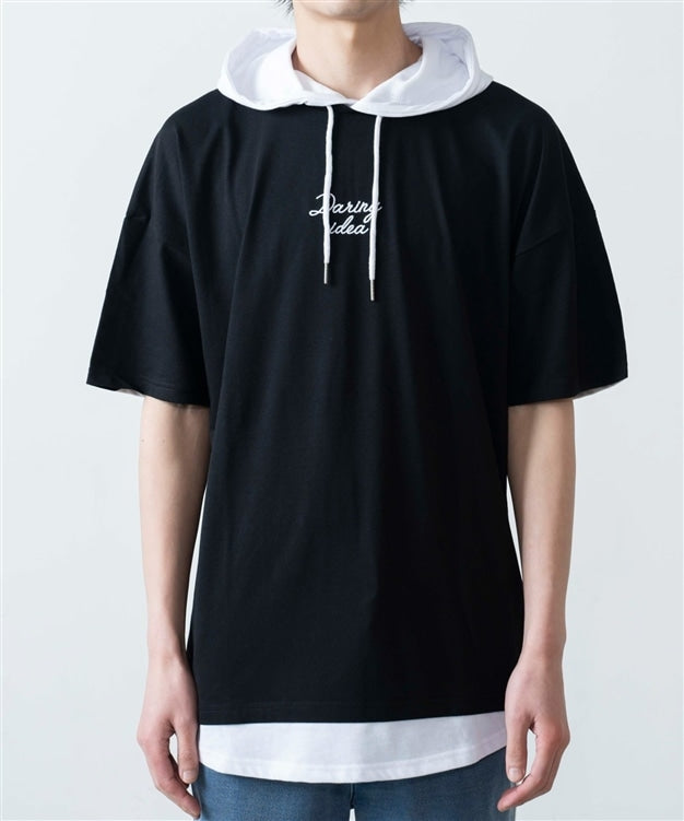 Oversized Logo Print Layered-Style Hoodie in Black