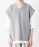 V-Neck 1-Pocket Vest & Oversized Tee Set in Grey