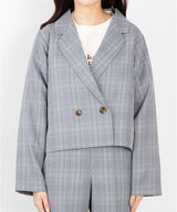 Cropped Double-Breasted Jacket in Grey Check