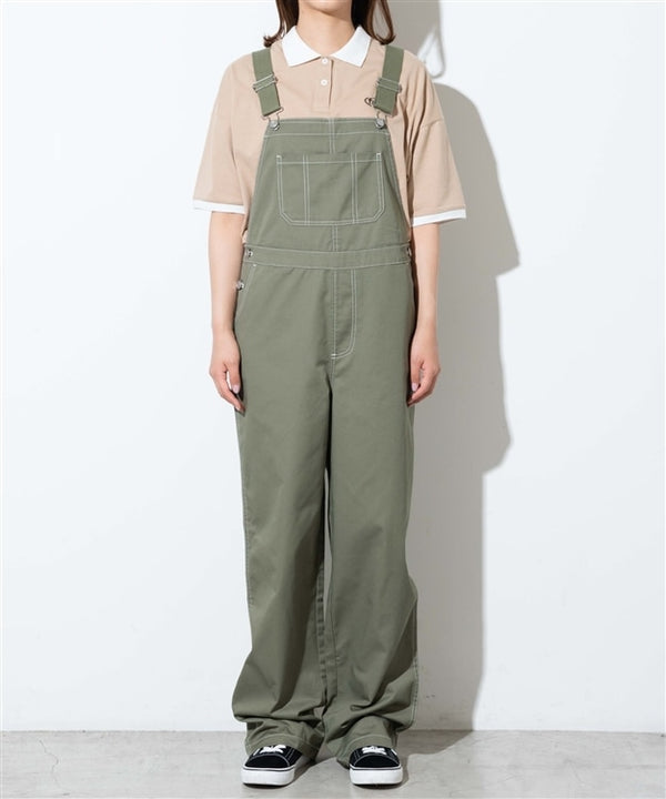 Contrast-Stitched Chino Dungarees in Khaki Green
