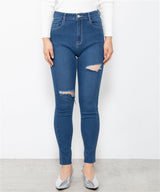 High-Waisted Distressed Skinny Jeans in Denim Medium Wash