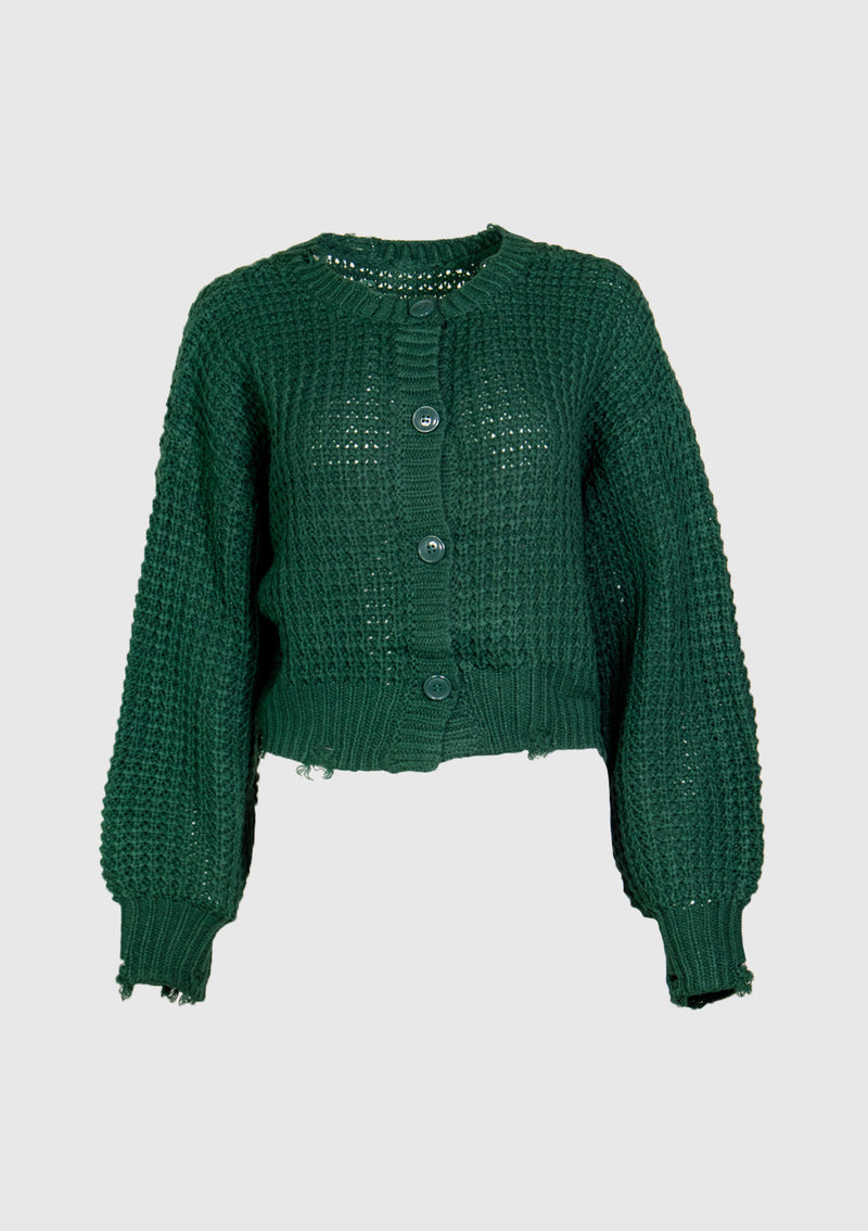 2-Way Waffle-Knit Cardigan with Distressed Hems in Dark Green