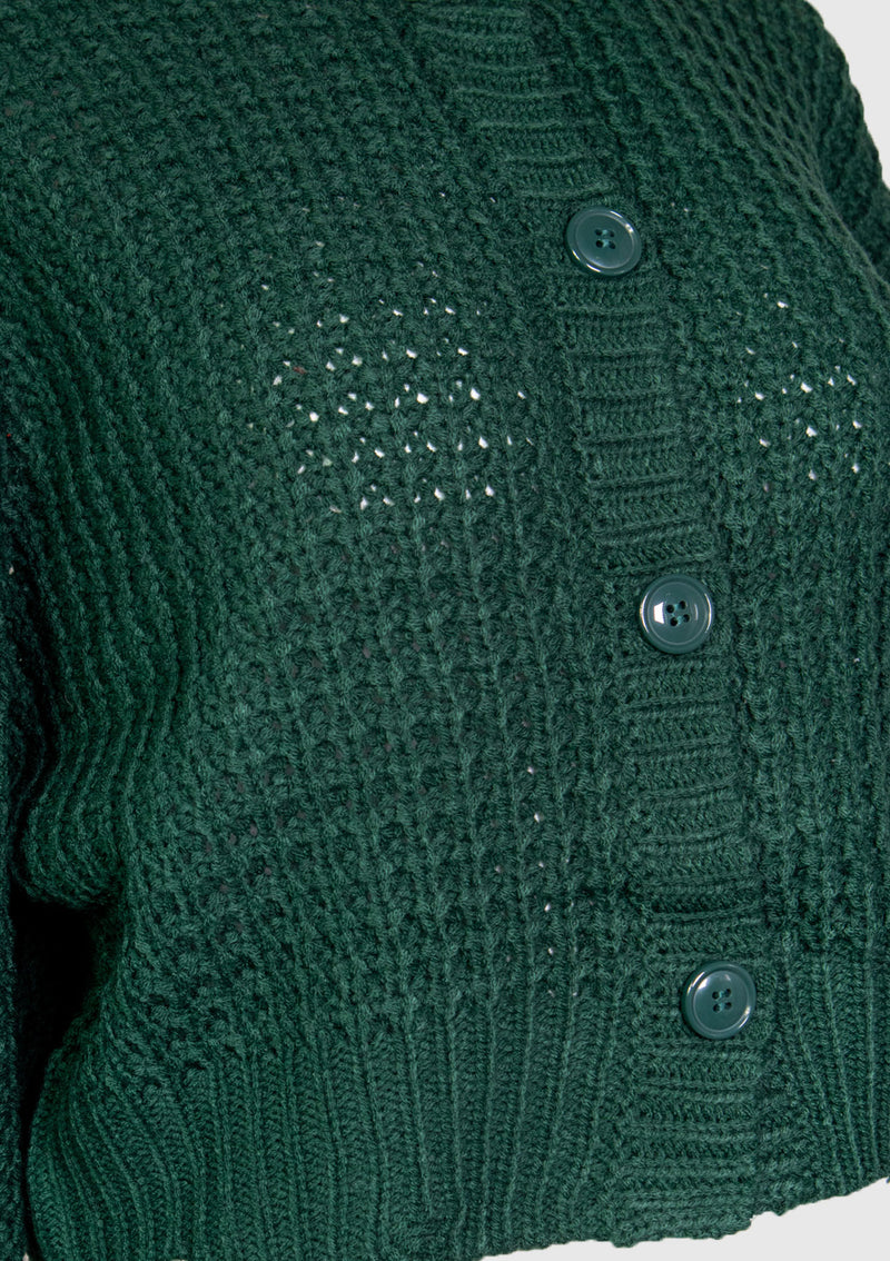 2-Way Waffle-Knit Cardigan with Distressed Hems in Dark Green