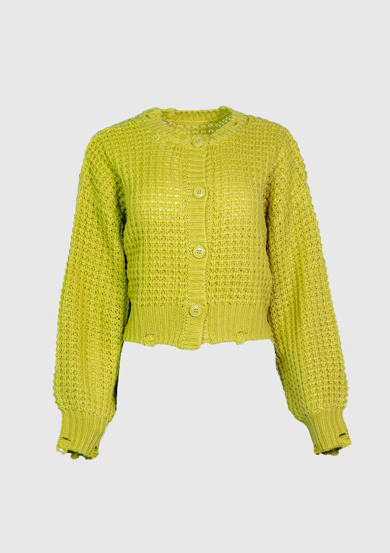 2-Way Waffle-Knit Cardigan with Distressed Hems in Mustard Yellow