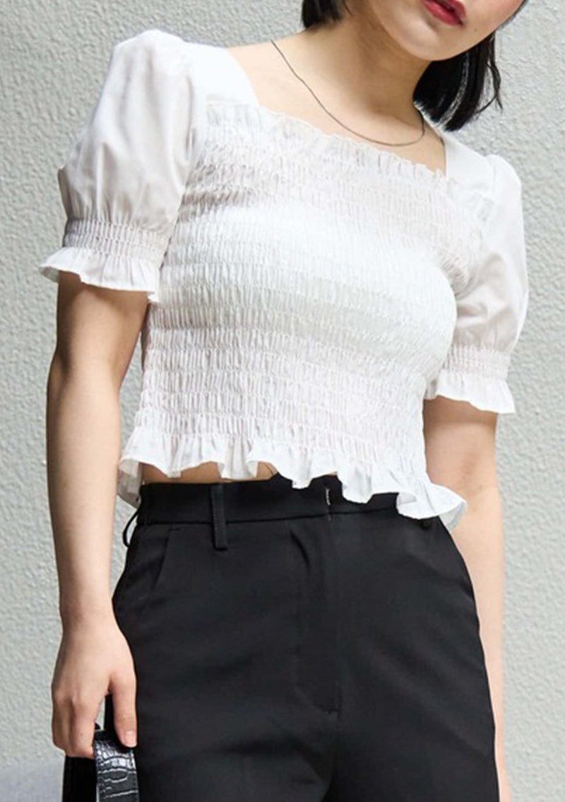 Shirring Square Neck Short Sleeve Frill Blouse in White