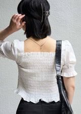 Shirring Square Neck Short Sleeve Frill Blouse in White