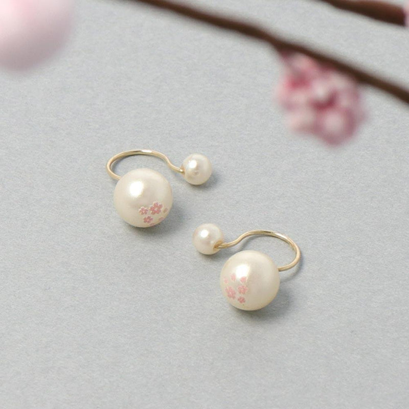 Sakura Print Faux Pearl Small Ear Cuffs in White