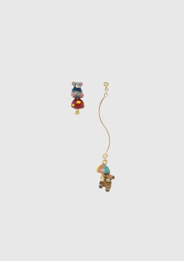 Teddy Bear x Mushroom Motif Asymmetric Earrings in Multi