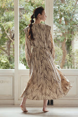 Round-Neck Pleated Print Dress in Beige Multi