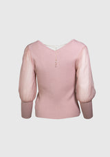 V-Neck Light Sweater with Organdy Sleeves & Back Chain Detail in Pink