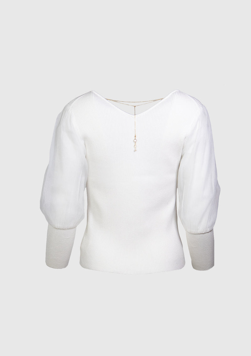 V-Neck Light Sweater with Organdy Sleeves & Back Chain Detail in Off White