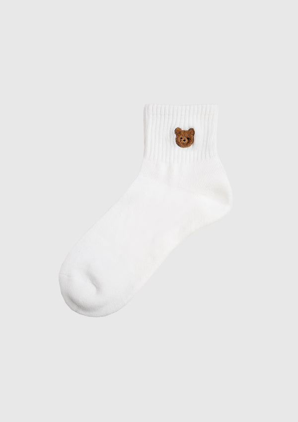 Embroidered Motif Short Socks in White x Bear