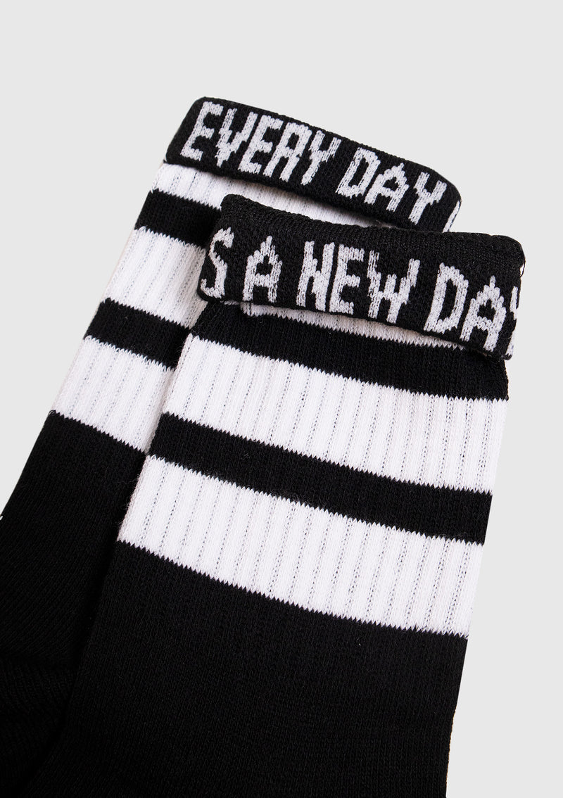 Striped Short Socks with Slogan Fold-Down Cuff in Black Other