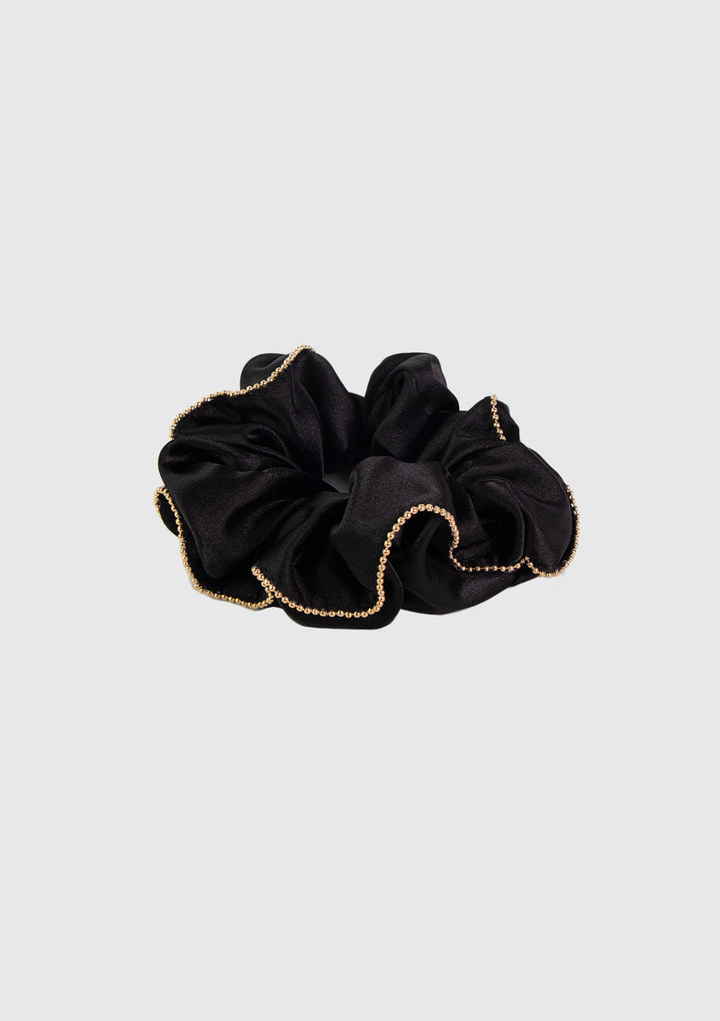 Satin With Gold Beading Hair Scrunchie in Black