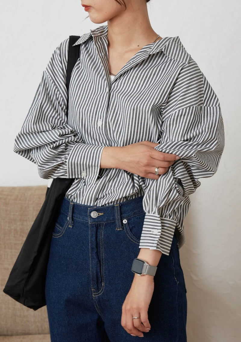 Cotton Stripe High-Low Oversized Shirt in Black Stripe