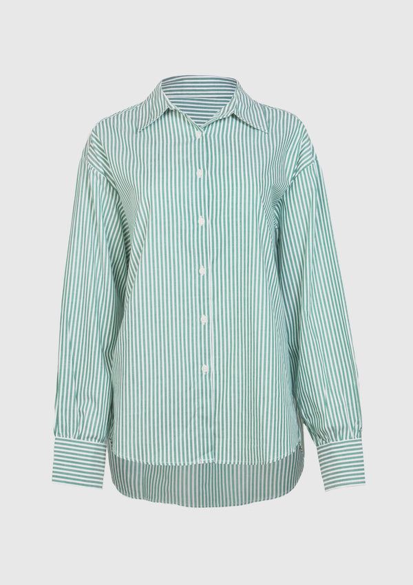 Cotton Stripe High-Low Oversized Shirt in Green Stripe