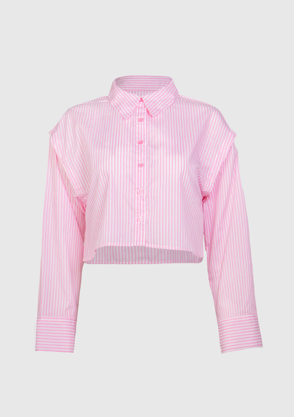 Multi-Way Detachable Sleeve Cropped Shirt in Pink Stripe