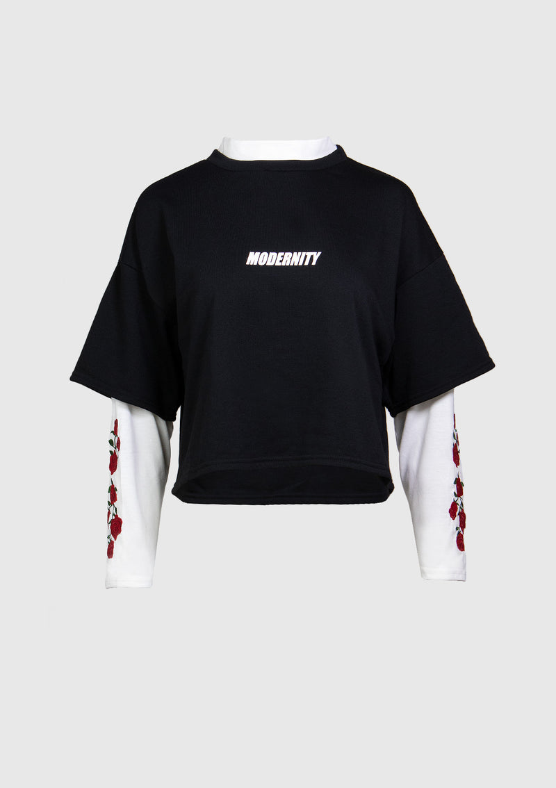 Mock Neck Layered Tee with Embroidered Sleeves in Black - LUMINE SINGAPORE