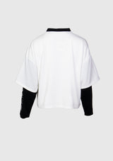 Mock Neck Layered Tee with Embroidered Sleeves in White - LUMINE SINGAPORE