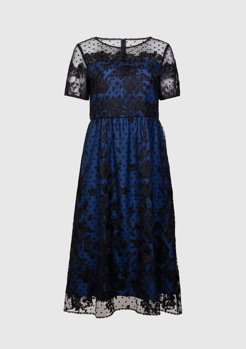 Polka Dot x Floral Lace Fit & Flare Dress in Navy