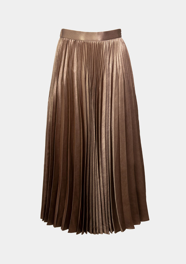 Foil-Satin Pleated Maxi Skirt in Bronze