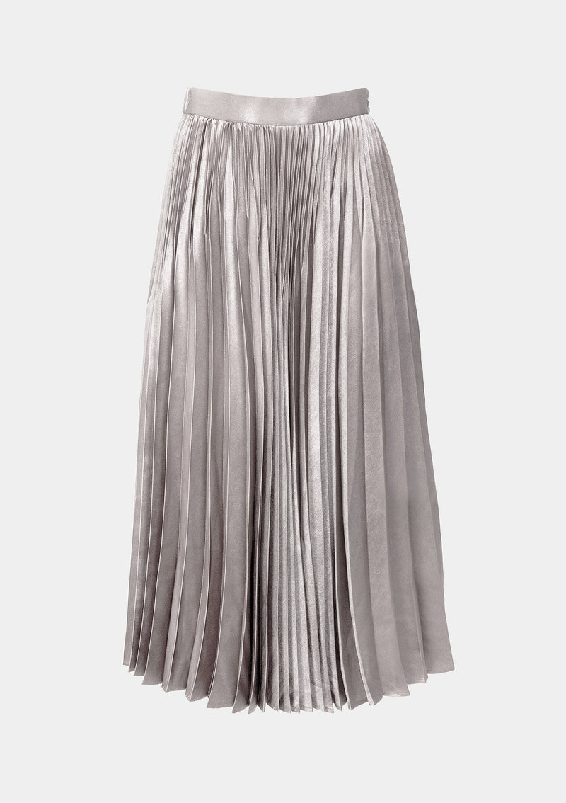 Foil-Satin Pleated Maxi Skirt in Silver