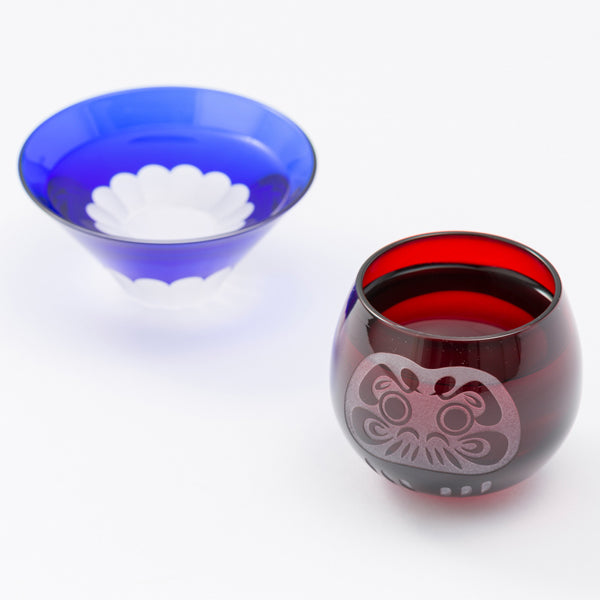 FUJI x DARUMA Edo Kiriko Sake Cup 2-Piece Set in Blue & Red