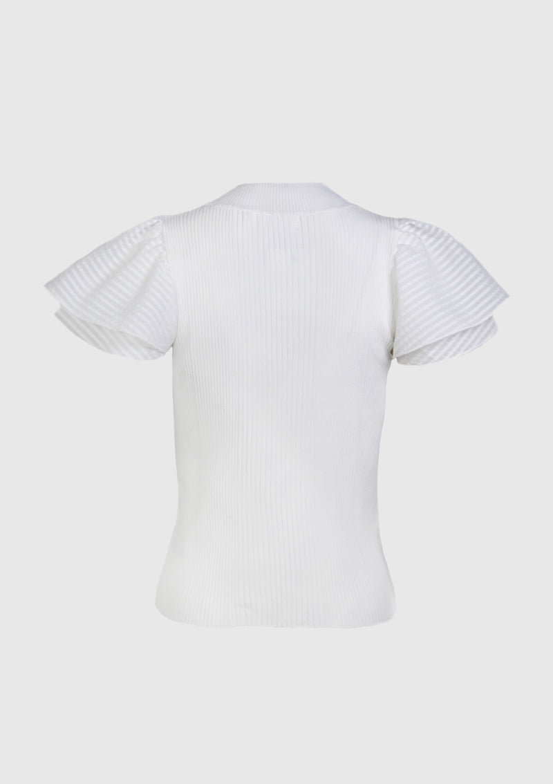 High-Neck Layered Flare Short Sleeve Rib Knit Pullover in Off White