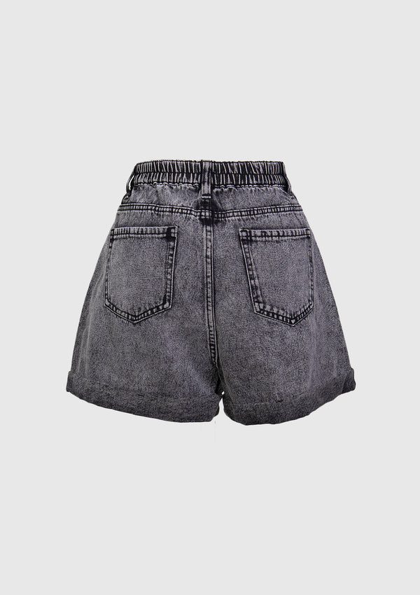 High-Waist Washed Denim Shorts in Black