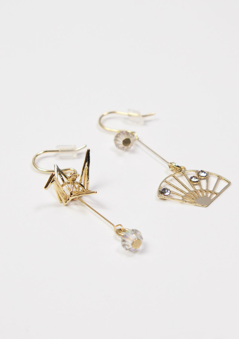 Asymmetric Origami Crane & Fan Motif Earrings in Gold