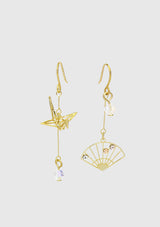 Asymmetric Origami Crane & Fan Motif Earrings in Gold
