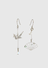 Asymmetric Origami Crane & Fan Motif Earrings in Silver