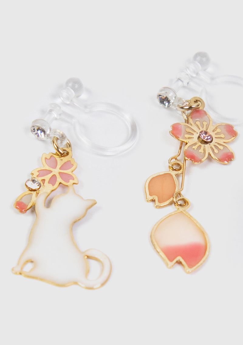 Sakura Petal x Cat Asymmetric Clip-On Earrings in Gold - LUMINE SINGAPORE
