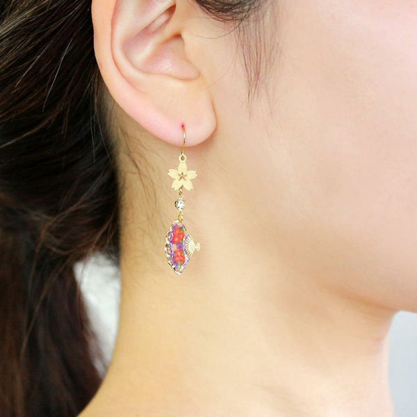 Sakura x Paper Fan Asymmetric Hook Earrings in Purple Multi