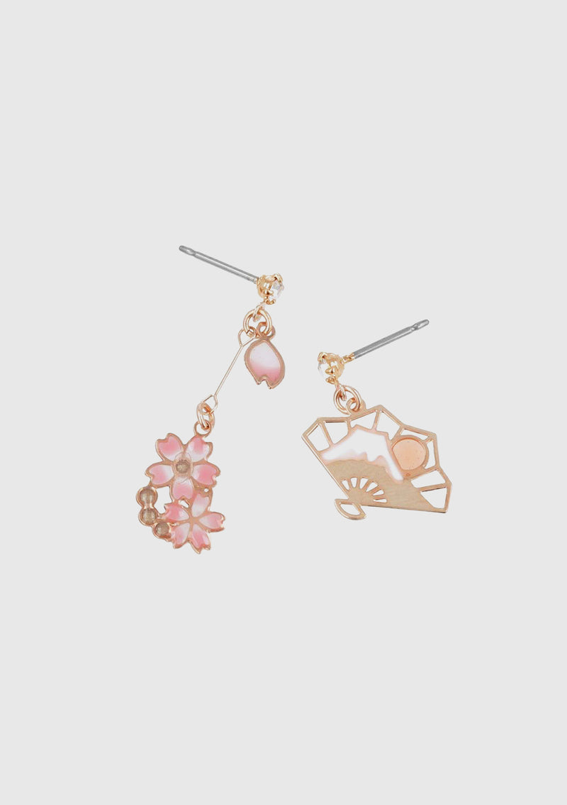 Sakura x Mount Fuji Paper Fan Asymmetric Earrings in Pink Gold