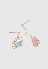 Sakura x Mount Fuji Paper Fan Asymmetric Earrings in Pink Gold