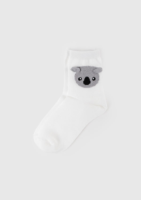 Short Socks with Textured Animal Motif in White x Koala