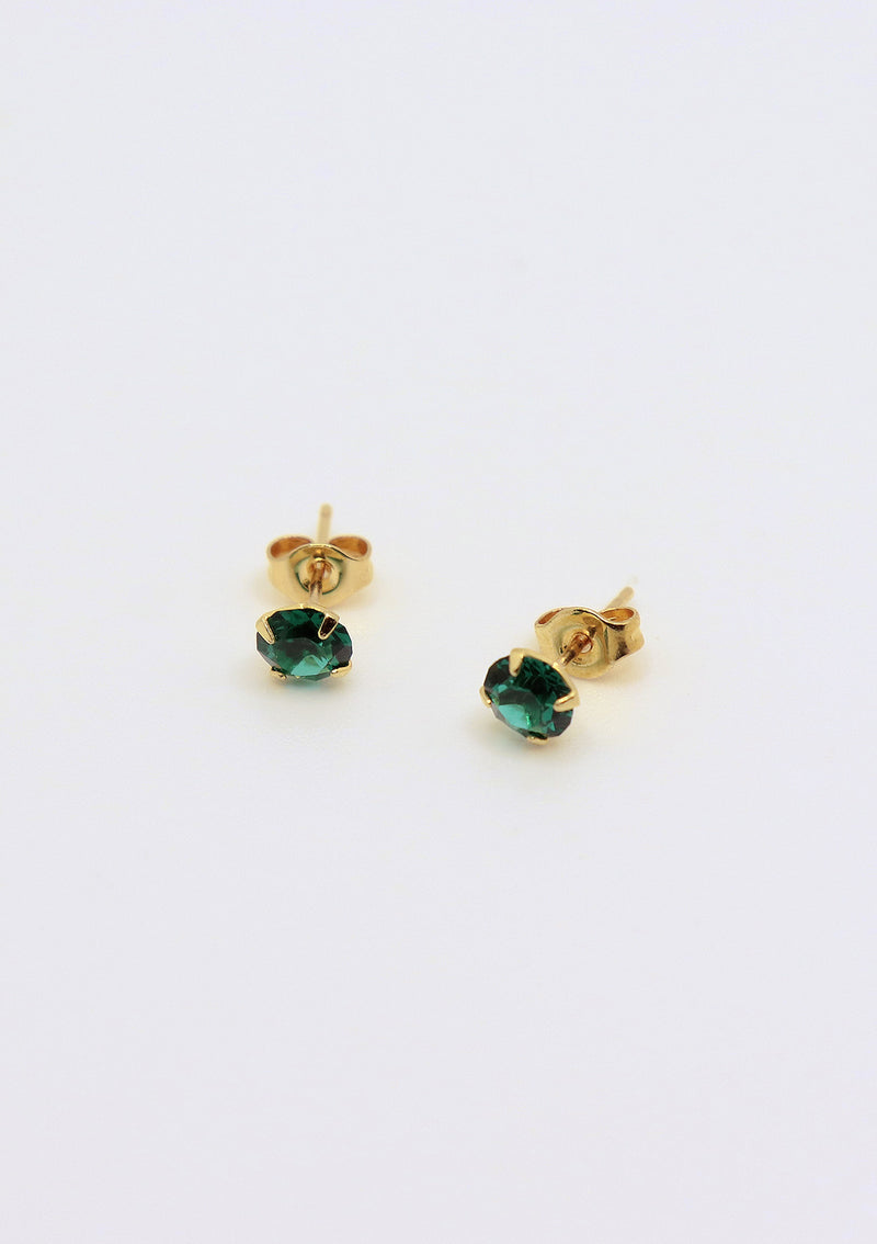 Classic 18K Gold-Plated Gemstone Stud Earrings in Dark Green