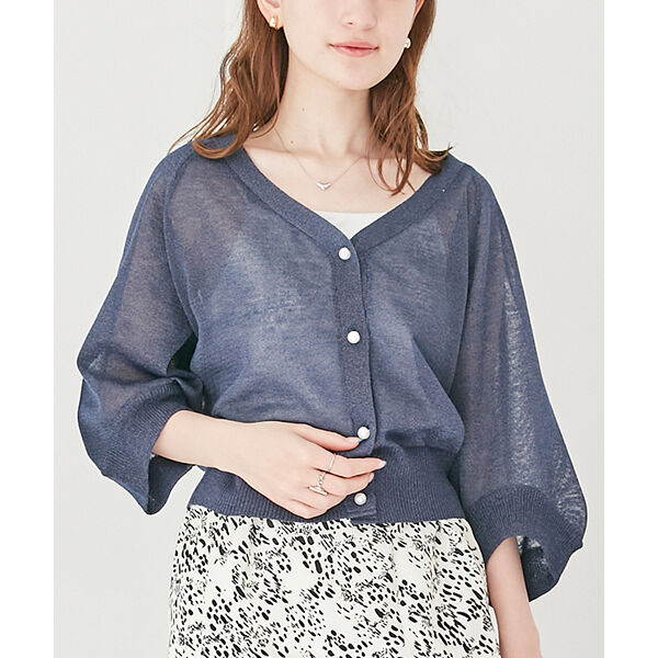 V-Neck Sheer Cardigan with Pearl Buttons in Navy