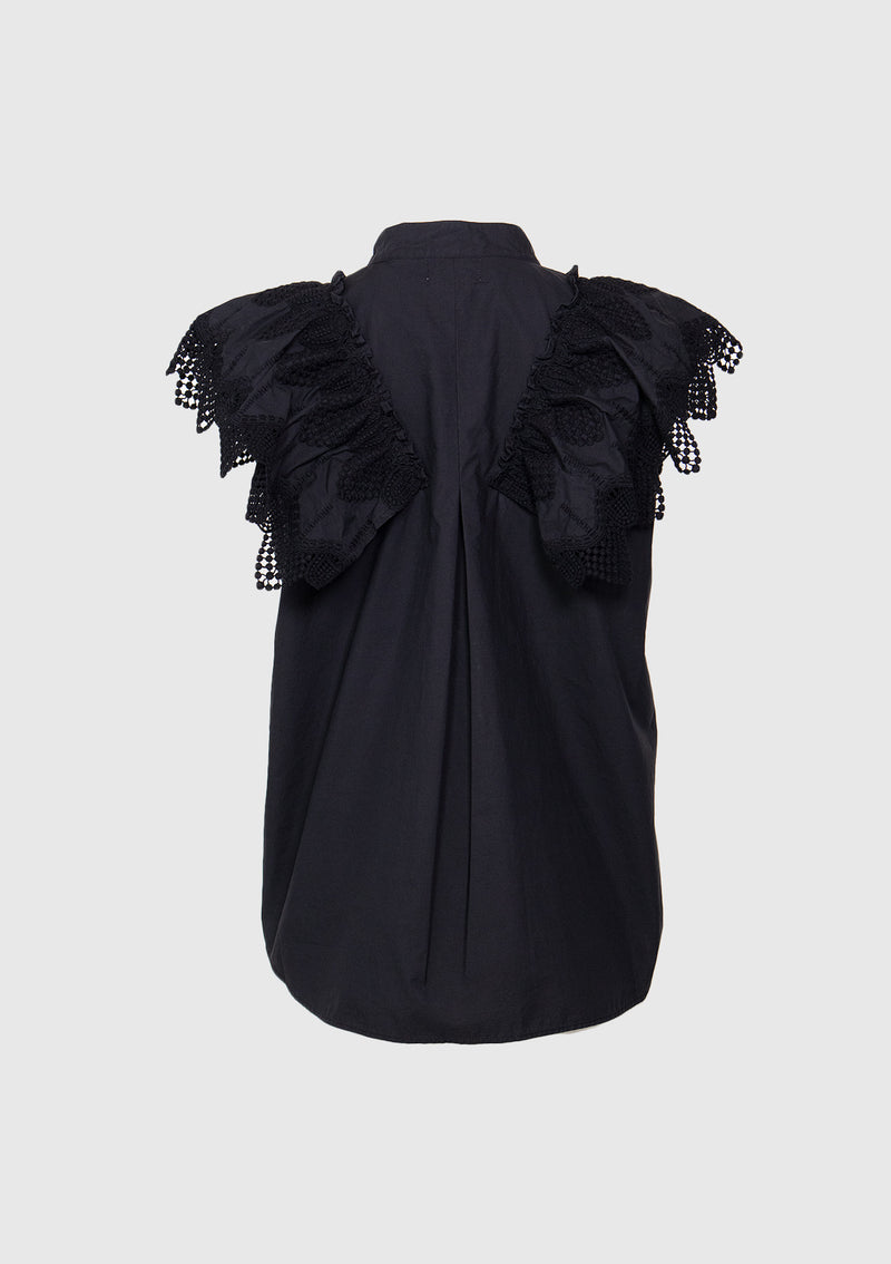 Ruffled Lace Sleeve Shirt in Black