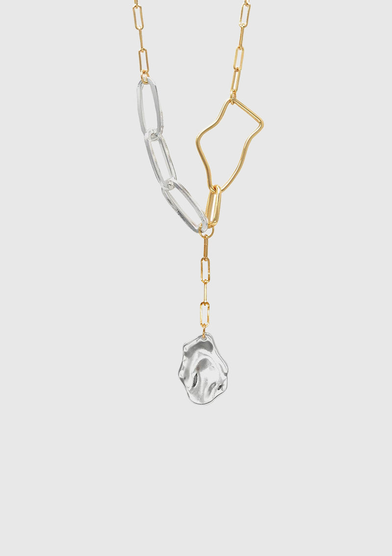 Asymmetric Chain Necklace in Gold with Hammered Pendant